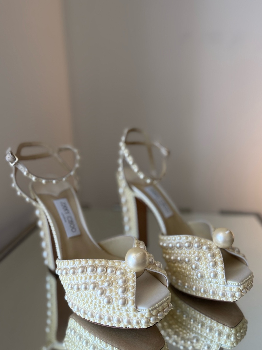 New Jimmy Choo Sacaria 120 White Platform Sandals with All-Over Pearl 39.5 - Picture 11 of 16